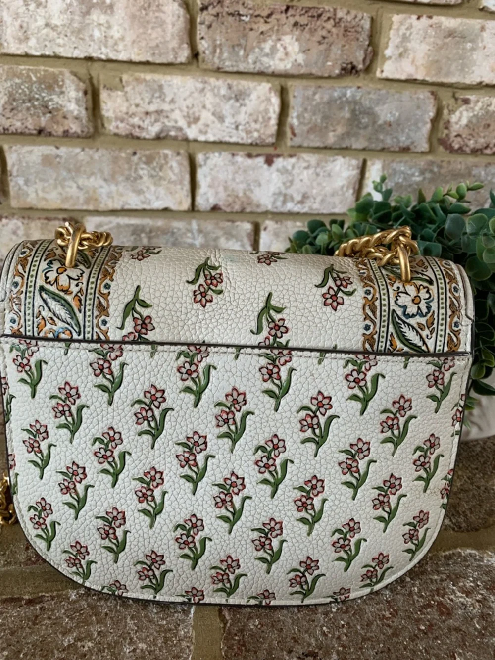 Tory Burch Cream Floral Printed Leather Crossbody with Gold Chain - Picture 10 of 16